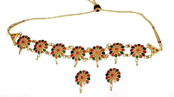 Assamese_Traditional_Gold_Plated_Red_Green_Colour_Golpata_Necklace_Jewellery_Set_For_Women